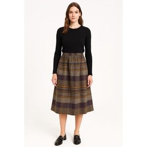 Vtg Jaeger London Wool Plaid A-Line Midi Skirt Brown Grey Navy Sz S 28" Waist